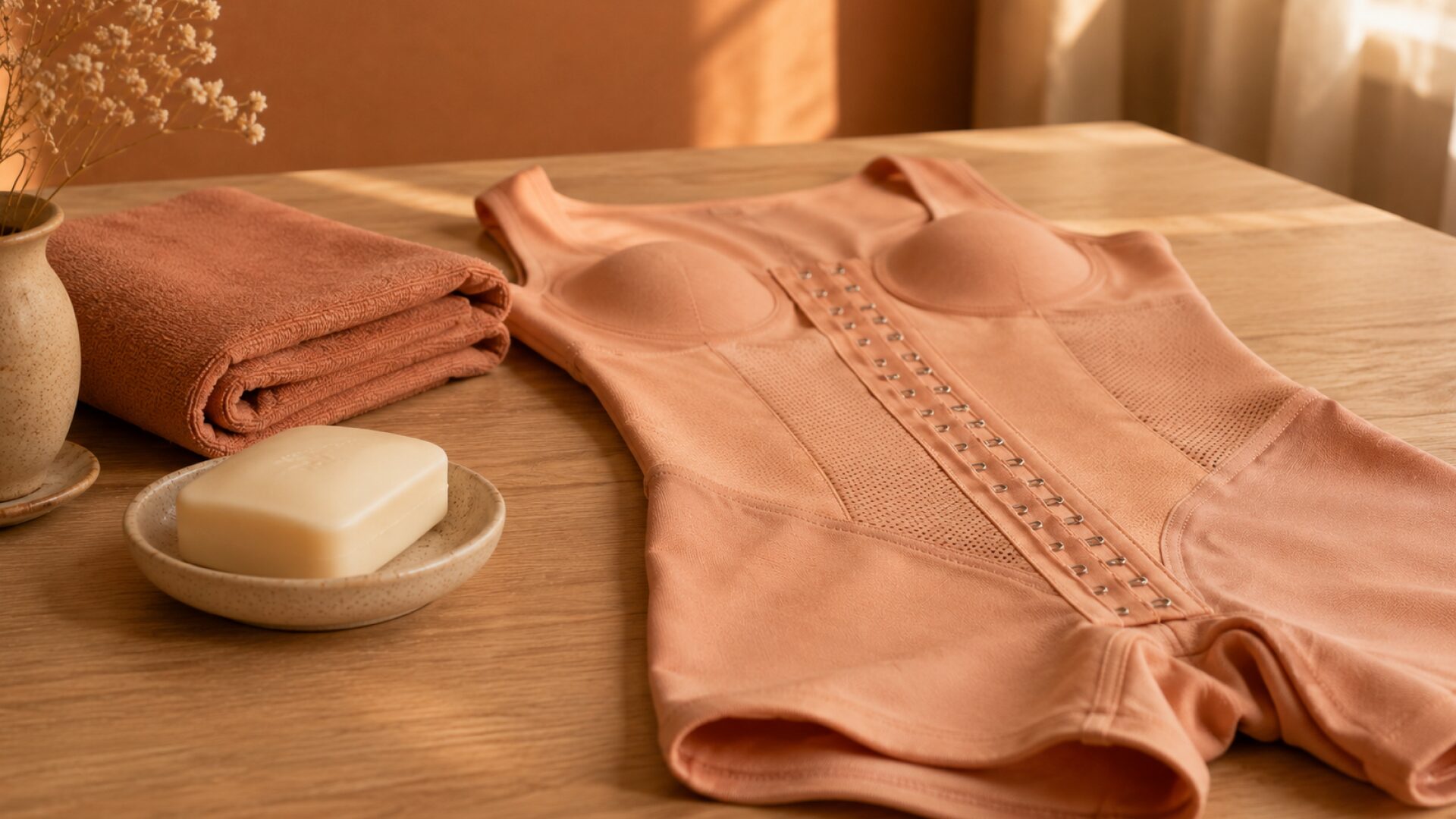 Faja MeliBelt doblada sobre una mesa de madera, con su tela y sus broches a la vista